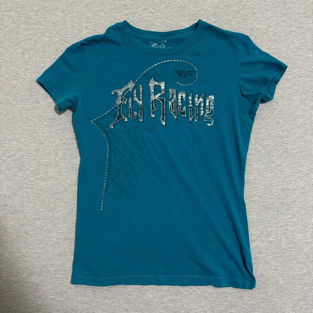 Fly Racing Teal Blue Silver Glitter Graphic T-Shirt Y2K Moto Womens Size Large